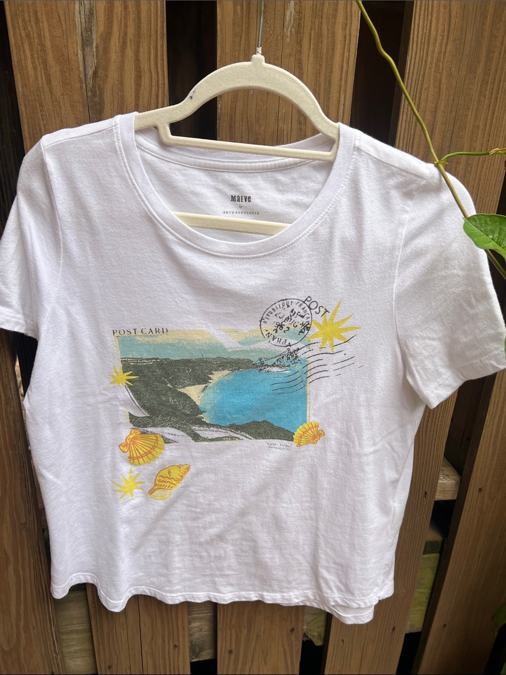 Maeve White Beach Postcard Graphic Tee with Blue and Yellow Accents